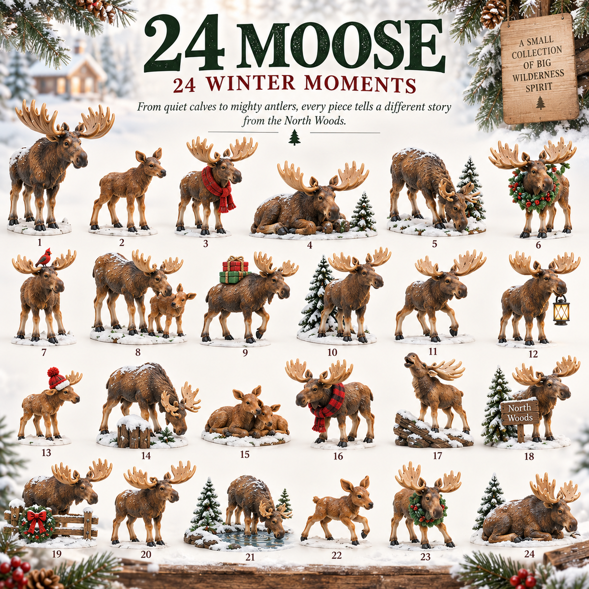 🌲24 Jours des Élans – Collection de Noël des Forêts Nordiques, 24 Pièces