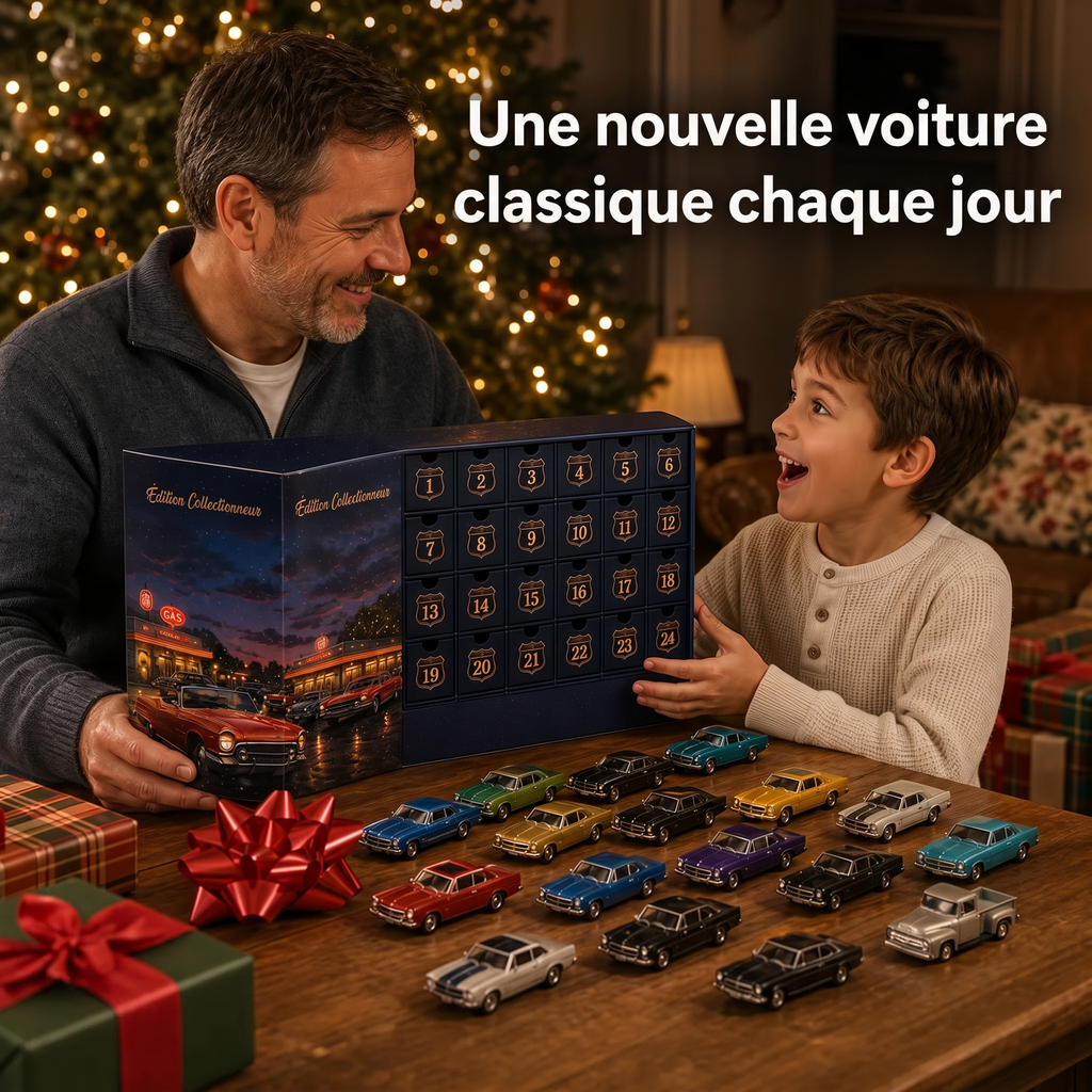 🚗 Calendrier de l’Avent Voitures Américaines Classiques – 24 Miniatures Vintage 🎄