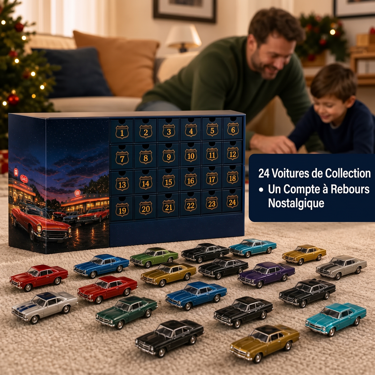🚗 Calendrier de l’Avent Voitures Américaines Classiques – 24 Miniatures Vintage 🎄