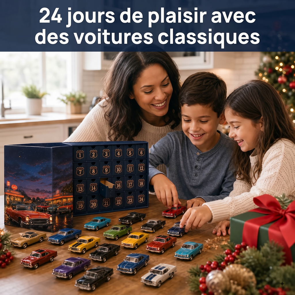 🚗 Calendrier de l’Avent Voitures Américaines Classiques – 24 Miniatures Vintage 🎄